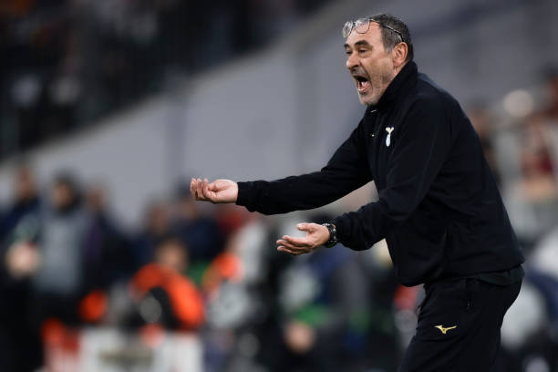 Maurizio Sarri, head coach of SS Lazio, reacts during the UEFA Champions League round of 16 second leg football match between FC Bayern Munchen and...