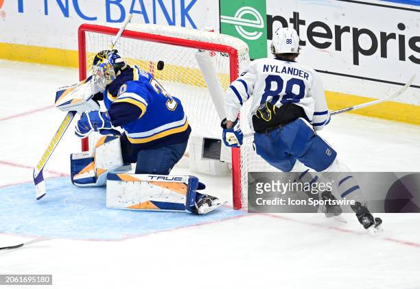 Toronto Maple Leafs right wing William Nylander scores a short handed goal against St. Louis Blues goaltender Joel Hofer in the third period during a...
