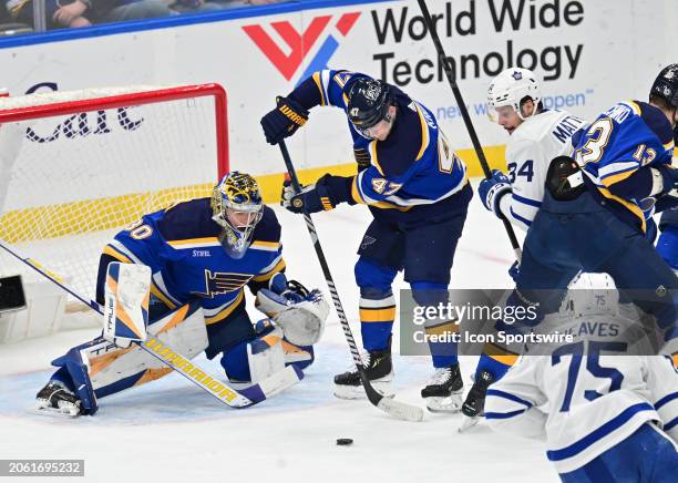 St. Louis Blues goaltender Joel Hofer eyes a loose puck in front of the goal during a NHL game between the Toronto Maple Leafs and the St. Louis...