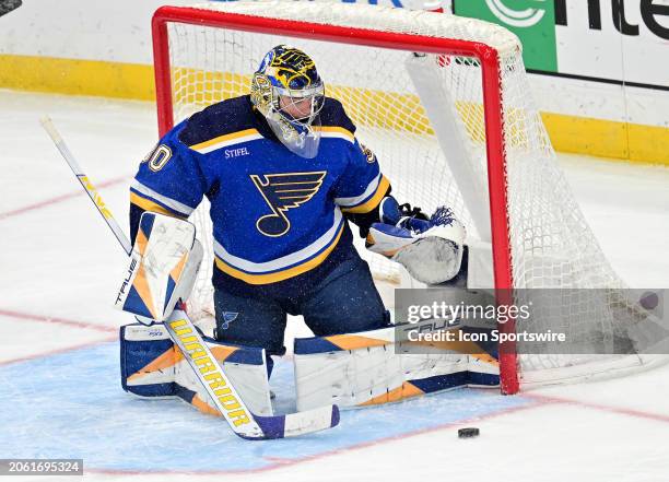 St. Louis Blues goaltender Joel Hofer blocks a shot on goal during a NHL game between the Toronto Maple Leafs and the St. Louis Blues on February 19...