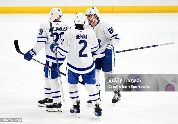 Toronto players celebrate after scoring in the third period during a NHL game between the Toronto Maple Leafs and the St. Louis Blues on February 19...