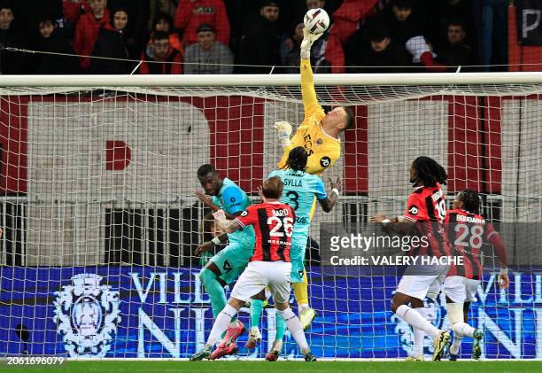 Nice's Polish goalkeeper Marcin Bulka stretches to save a shot during the French L1 football match between OGC Nice and Montpellier Herault SC at the...
