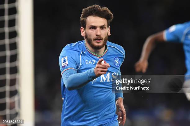 Khvicha Kvaratskhelia of SSC Napoli celebrates after scoring during the Serie A TIM match between SSC Napoli and FC Torino at Stadio Diego Armando...