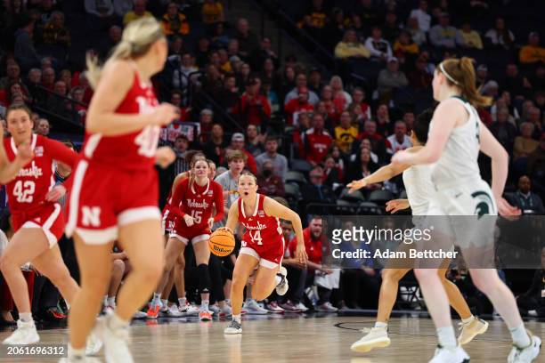 Callin Hake of the Nebraska Cornhuskerss brings the ball up court against the Michigan State Spartans in the Quarterfinal Round of the Big Ten...