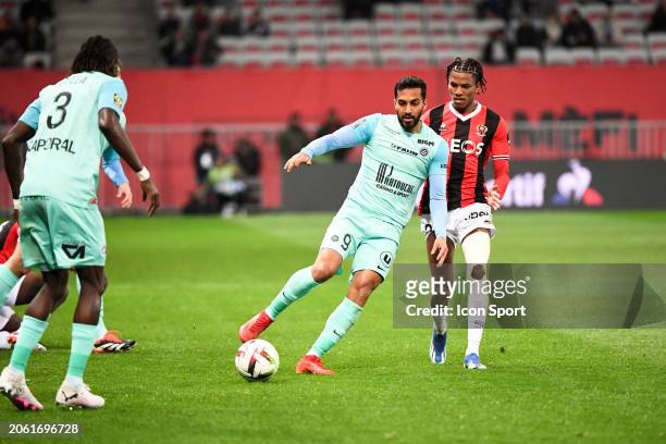 Hicham BOUDAOUI - 09 Mousa TAMARI during the Ligue 1 Uber Eats match between Nice and Montpellier at Allianz Riviera on March 8, 2024 in Nice,...