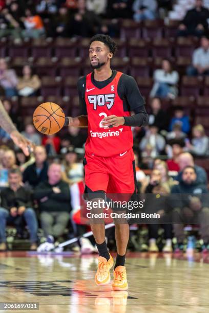 Kobi Simmons of the Raptors 905 handles the ball during an NBA G League game against the Indiana Mad Ants on March 7, 2024 at the Paramount Fine...