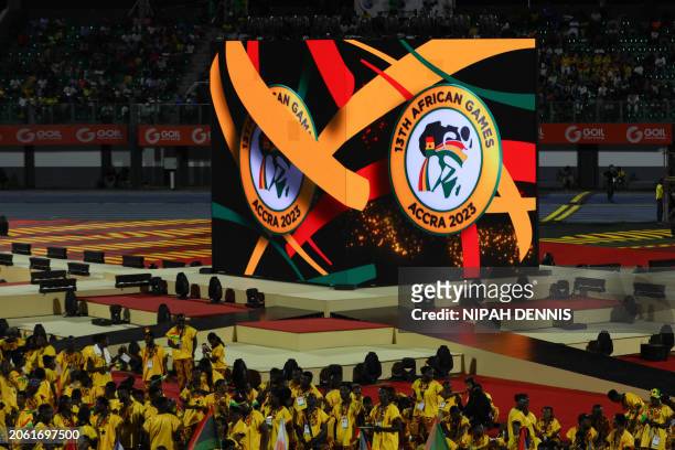Athletes from Ghana take part in the opening ceremony of the 2023 African Games in Accra, Ghana, on March 8, 2024. The 13th edition of the African...