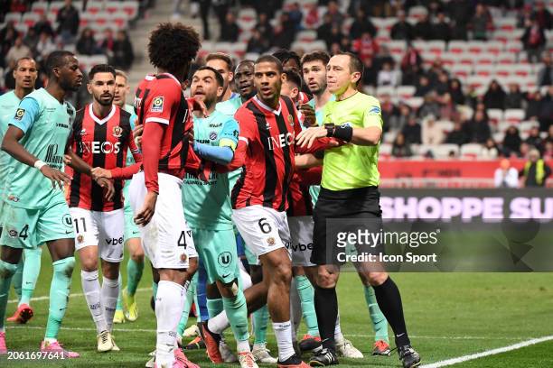 Jean Clair TODIBO - 11 Teji SAVANIER - Ruddy BUQUET - 18 Leo LEROY during the Ligue 1 Uber Eats match between Nice and Montpellier at Allianz Riviera...