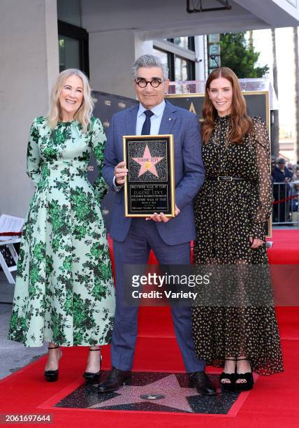 Catherine O'Hara, Eugene Levy and Sarah Levy at the star ceremony where Eugene Levy is honored with a star on the Hollywood Walk of Fame on March 8,...