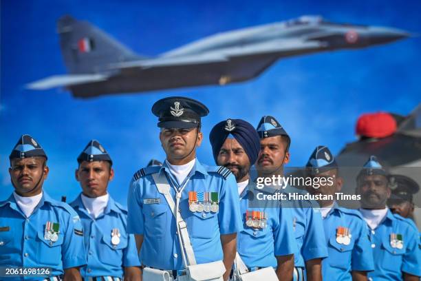 Air force personnel seen during the Presidential Standard and Color Ceremony at Hindon Airbase on March 8, 2024 in Ghaziabad, India. President...