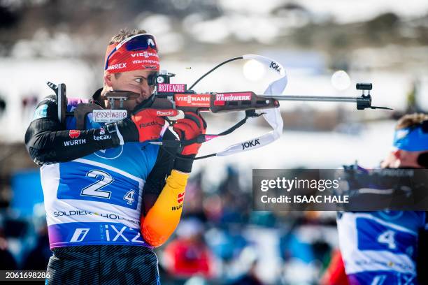 Germany's Phillip Nawrath shoots during the men's 4x7.5-km relay event of the IBU Biathlon World Cup at Soldier Hollow Nordic Center in Midway, Utah,...