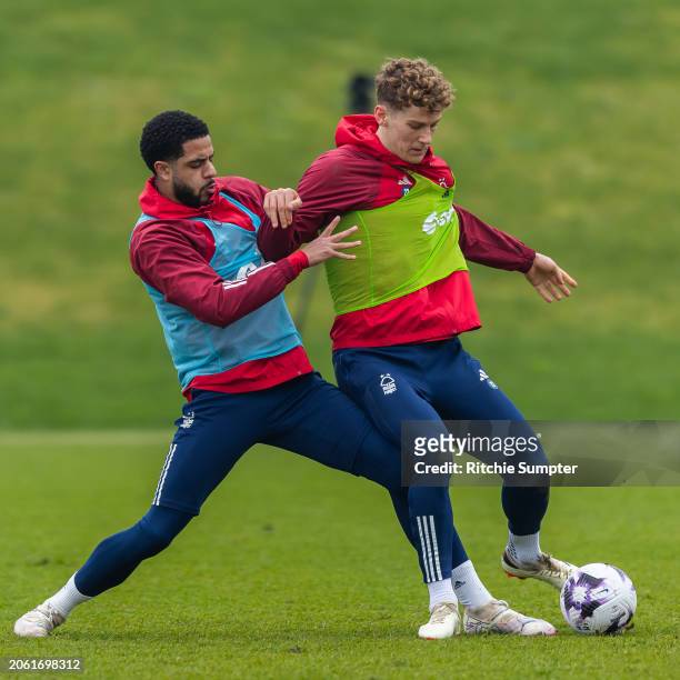 Andrew Omobamidele and Ryan Yates of Nottingham Forest at The Nigel Doughty Academy on March 7, 2024 in Nottingham, England.