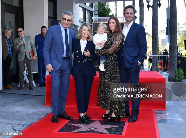 Canadian actor and comedian Eugene Levy, poses with his wife Deborah Divine, grandson James Eugene Outerbridge, daughter actress Sarah Levy and actor...