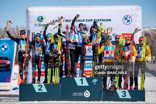 Team Norway Sturla Holm Laegreid, Tarjei Boe, Johannes Thingnes Boe and Vetle Sjaastad Christiansen celebrate their first-place finish atop the...