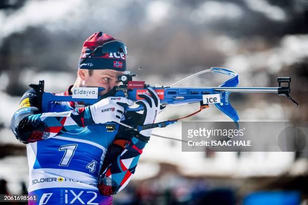 Norway's Vetle Sjaastad Christiansen shoots during the men's 4x7.5-km relay event of the IBU Biathlon World Cup at Soldier Hollow Nordic Center in...