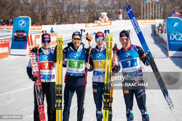 Team Norway Sturla Holm Laegreid, Tarjei Boe, Johannes Thingnes Boe and Vetle Sjaastad Christiansen celebrate their first-place finish in the men's...