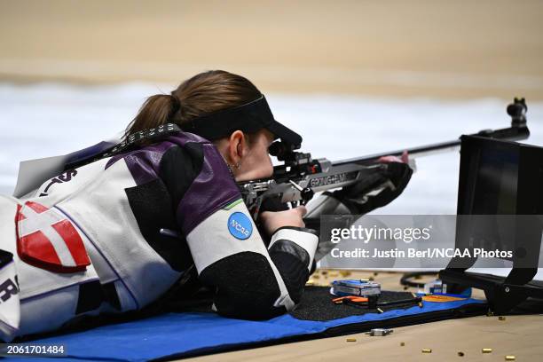 Stephanie Grundsoee of the TCU Horned Frogs shoots during the Division I Men's and Women's Rifle Championship at WVU Coliseum on March 8, 2024 in...