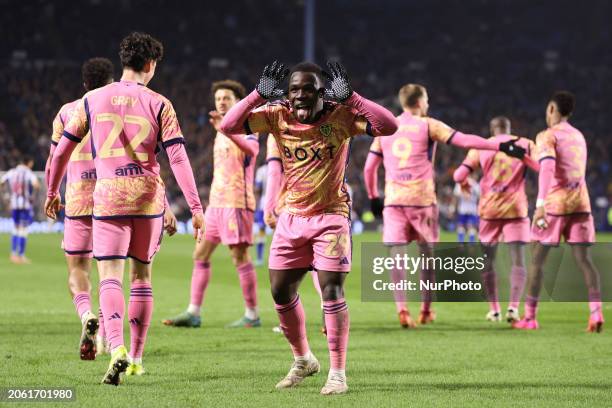 Wilfried Gnonto is celebrating his team's second goal during the Sky Bet Championship match between Sheffield Wednesday and Leeds United at...