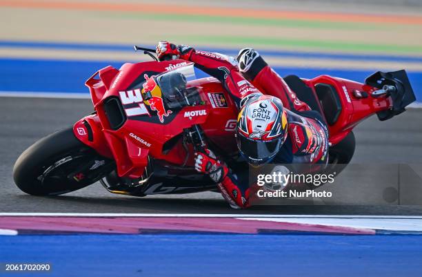 Spanish MotoGP rider Pedro Acosta from Red Bull GASGAS Tech3 is in action during the Free Practice 1 session of the Qatar Airways Motorcycle Grand...