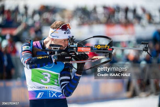 France's Emilien Jacquelin shoots during the men's 4x7.5-km relay of the IBU Biathlon World Cup at Soldier Hollow Nordic Center in Midway, Utah, on...