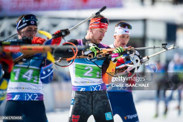 Germany's Johannes Kuehn prepares to shoot during the men's 4x7.5-km relay of the IBU Biathlon World Cup at Soldier Hollow Nordic Center in Midway,...