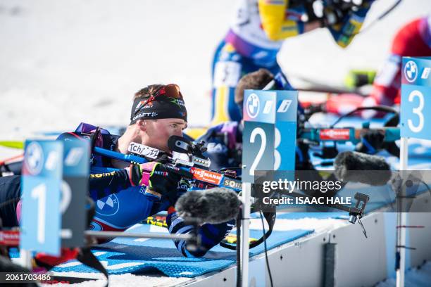 France's Fabien Claude prepares to shoot during the men's 4x7.5-km relay of the IBU Biathlon World Cup at Soldier Hollow Nordic Center in Midway,...