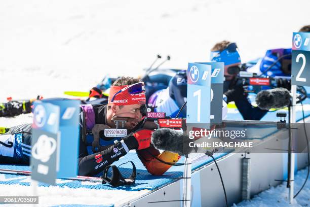 Germany's Philipp Nawrath shoots during the men's 4x7.5-km relay of the IBU Biathlon World Cup at Soldier Hollow Nordic Center in Midway, Utah, on...