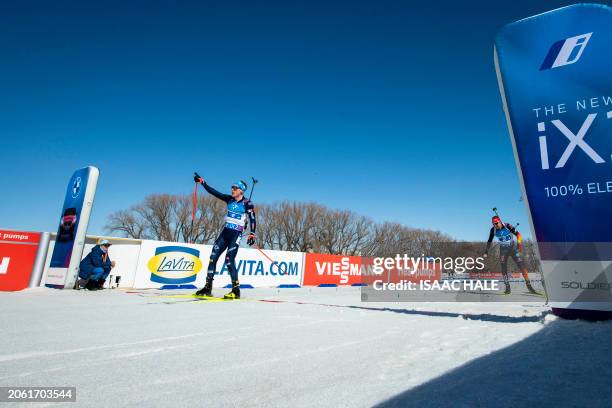 Italy's Lukas Hofer finishes during the men's 4x7.5-km relay of the IBU Biathlon World Cup at Soldier Hollow Nordic Center in Midway, Utah, on March...