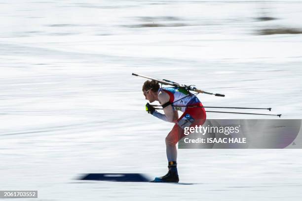 Switzerland's Sebastian Stalder competes the men's 4x7.5-km relay of the IBU Biathlon World Cup at Soldier Hollow Nordic Center in Midway, Utah, on...