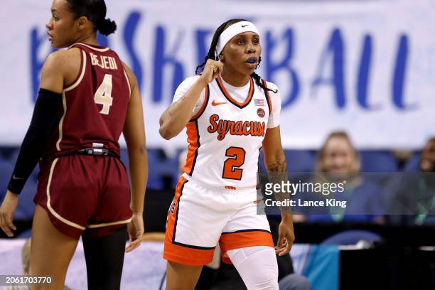 Dyaisha Fair of the Syracuse Orange reacts against the Florida State Seminoles during the first half of the game in the Quarterfinals of the ACC...