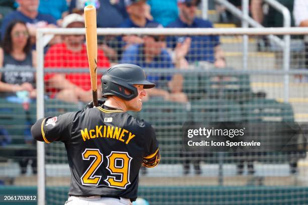 Infielder Billy McKinney bats during the Friday afternoon MLB Spring Training game between the Atlanta Braves and the Pittsburgh Pirates on March 8,...