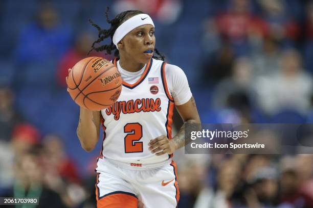 Syracuse Orange guard Dyaisha Fair brings the ball up court during the college basketball game at the ACC Tournament on March 8, 2024 at Greensboro...