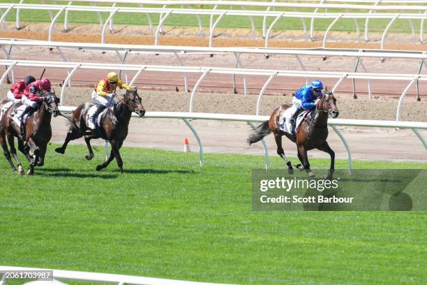 Traffic Warden ridden by Jamie Kah wins the MSS Security Sires' Produce Stakes at Flemington Racecourse on March 09, 2024 in Flemington, Australia.