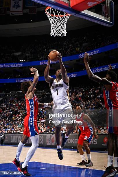 Zion Williamson of the New Orleans Pelicans drives to the basket during the game against the Philadelphia 76ers on March 8, 2024 at the Wells Fargo...