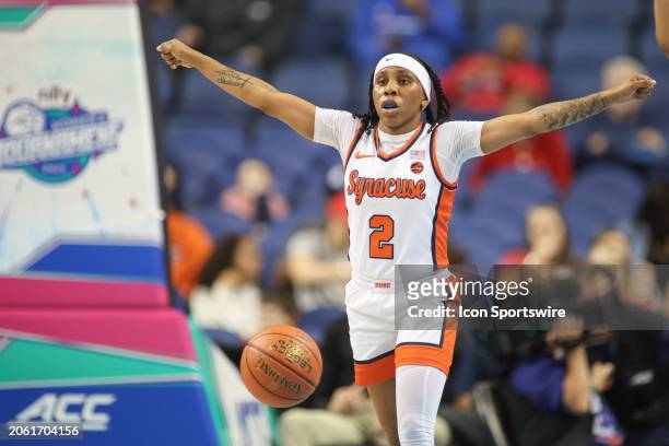 Syracuse Orange guard Dyaisha Fair calls out the play during the college basketball game at the ACC Tournament on March 8, 2024 at Greensboro...