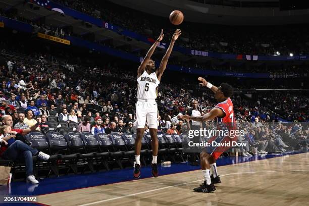 Herb Jones of the New Orleans Pelicans shoots a three point basket during the game against the Philadelphia 76ers on March 8, 2024 at the Wells Fargo...