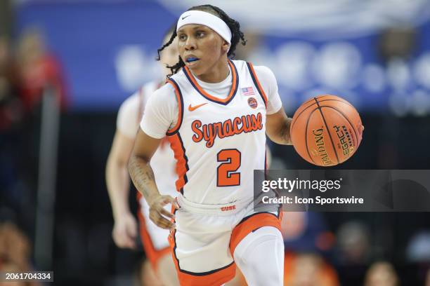 Syracuse Orange guard Dyaisha Fair brings the ball up court during the college basketball game at the ACC Tournament on March 8, 2024 at Greensboro...