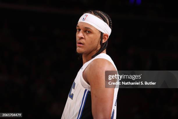 Paolo Banchero of the Orlando Magic looks on during the game against the New York Knicks on March 8, 2024 at Madison Square Garden in New York City,...