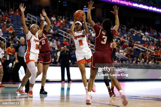 Dyaisha Fair of the Syracuse Orange puts up a shot against the Florida State Seminoles during the second half of the game in the Quarterfinals of the...