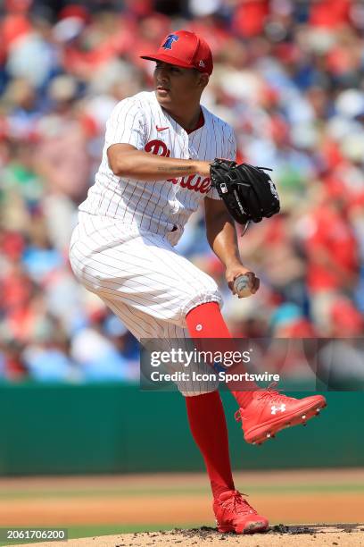 Philadelphia Phillies pitcher Ranger Suarez delivers a pitch to the plate during the spring training game between the Houston Astros and the...