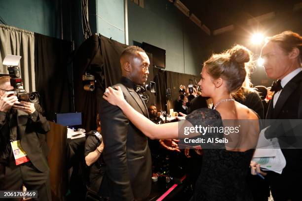 Mahershala Ali congratulated by Alicia Vikander after winning Best Actor in a Supporting Role backstage at the 89th Academy Awards on Sunday,...