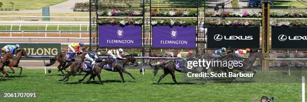 Eternal Flame ridden by Damian Lane wins the Matron Stakes at Flemington Racecourse on March 09, 2024 in Flemington, Australia.