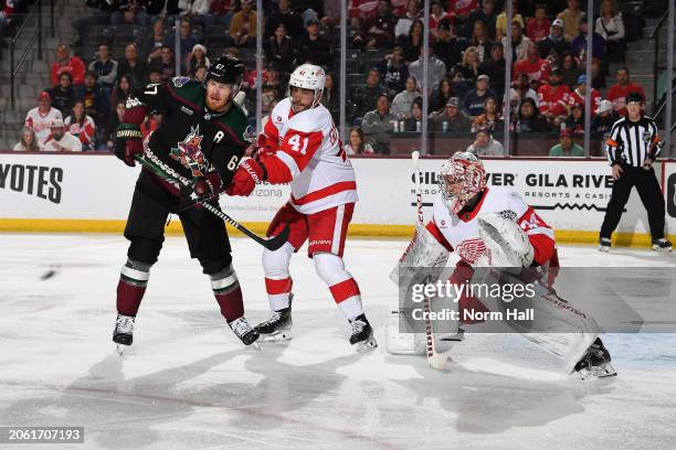 Alex Lyon of the Detroit Red Wings gets ready to make a save as teammate Shayne Gostisbehere battles for position with Lawson Crouse of the Arizona...