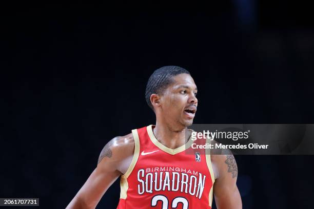 March 8: Malcolm Hill of the Birmingham Squadron looks on during the game against the Greensboro Swarm at Legacy Arena in Birmingham, AL on March 8,...