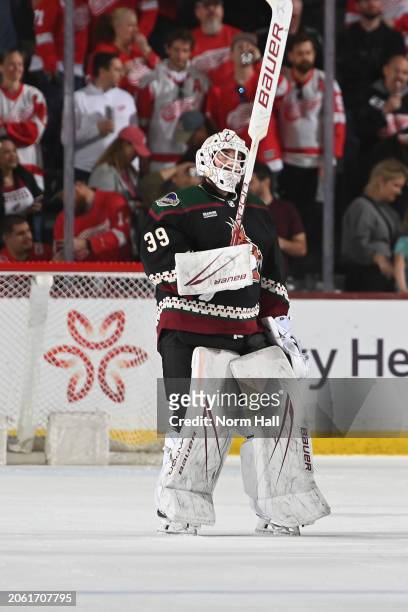 Connor Ingram of the Arizona Coyotes salutes the fans after a 4-0 win against the Detroit Red Wings at Mullett Arena on March 08, 2024 in Tempe,...