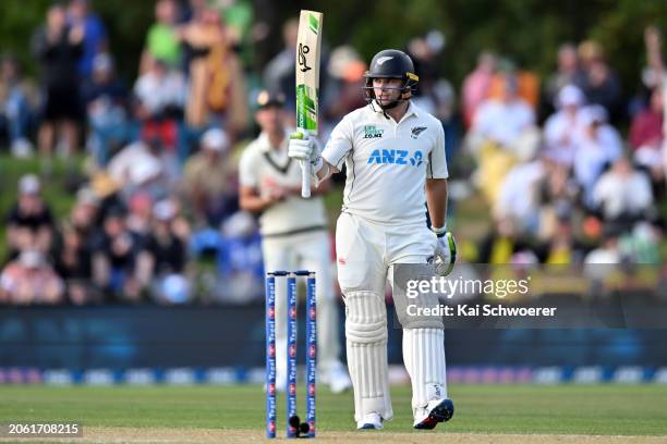 Tom Latham of New Zealand celebrates his half century during day two of the Second Test in the series between New Zealand and Australia at Hagley...