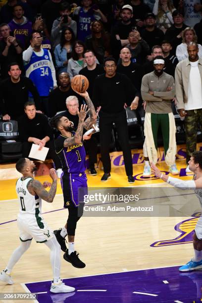 Angelo Russell of the Los Angeles Lakers shoots the game-winning basket during the game against the Milwaukee Bucks on March 8, 2024 at Crypto.Com...