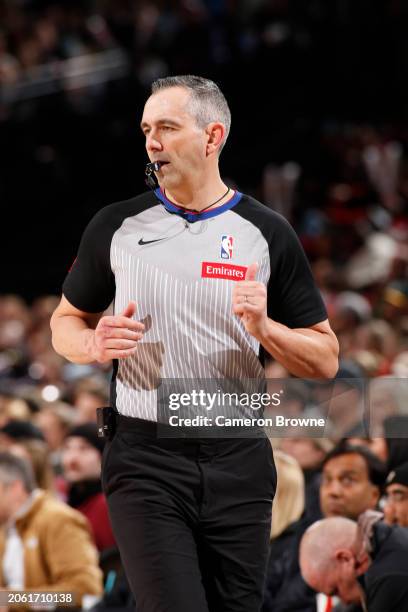 Referee Brett Nansel looks on during the game on March 8, 2024 at the Moda Center Arena in Portland, Oregon. NOTE TO USER: User expressly...