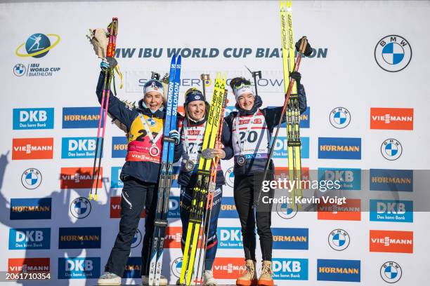 Second placed Ingrid Landmark Tandrevold of Norway, first placed Justine Braisaz-Bouchet of France and third placed Lou Jeanmonnot of France...