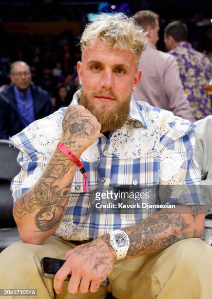 Jake Paul attends the basketball game between Los Angeles Lakers and Milwaukee Bucks at Crypto.com Arena on March 8, 2024 in Los Angeles, California....